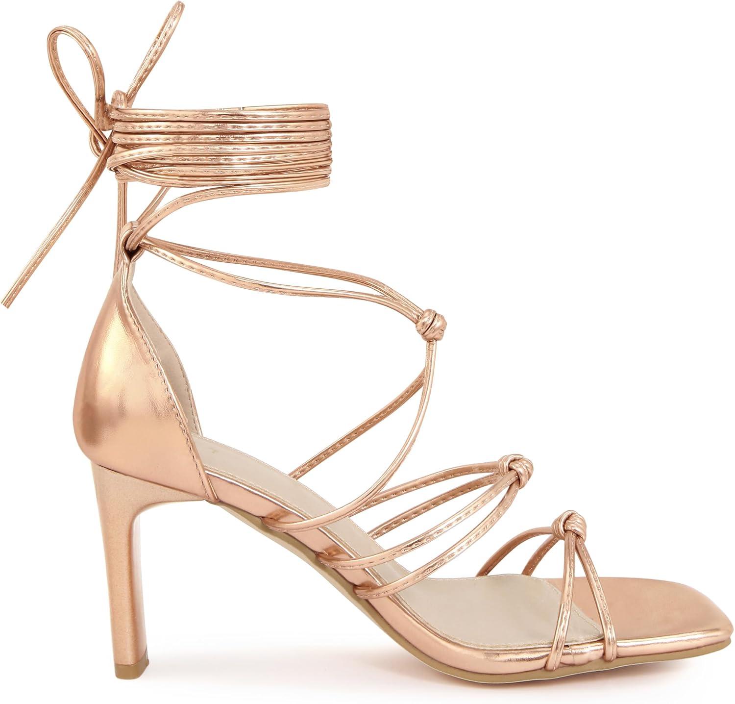 imageAllegra K Womens Lace Up Strappy Chunky High Heels SandalsRose Gold