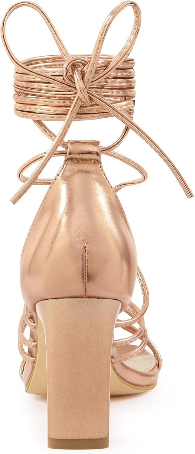 imageAllegra K Womens Lace Up Strappy Chunky High Heels SandalsRose Gold
