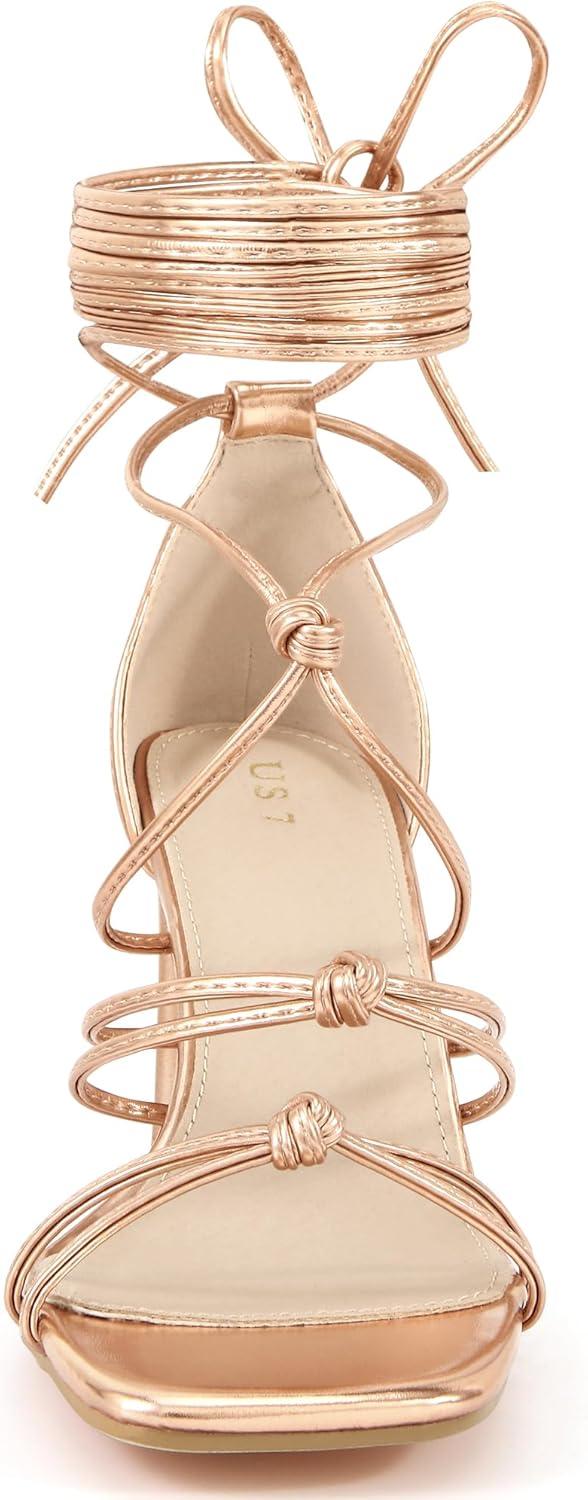 imageAllegra K Womens Lace Up Strappy Chunky High Heels SandalsRose Gold