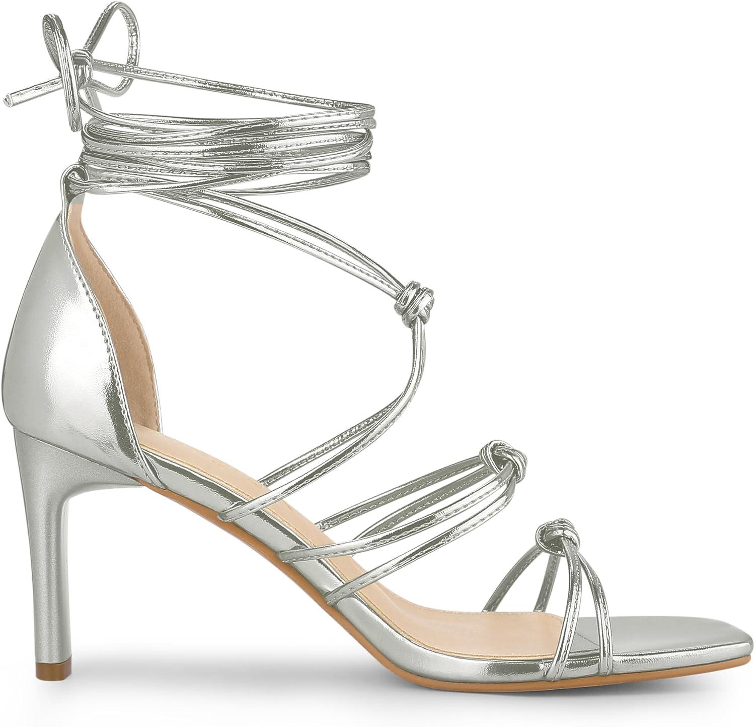 imageAllegra K Womens Lace Up Strappy Chunky High Heels SandalsSilver