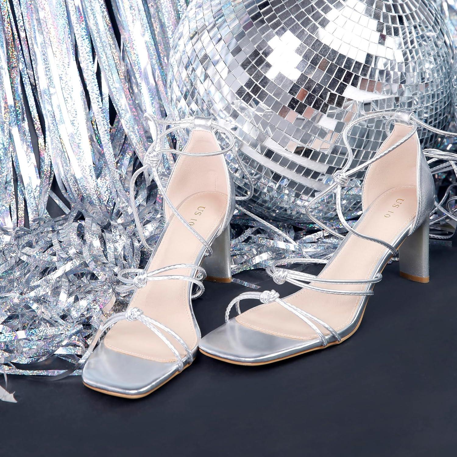 imageAllegra K Womens Lace Up Strappy Chunky High Heels SandalsSilver