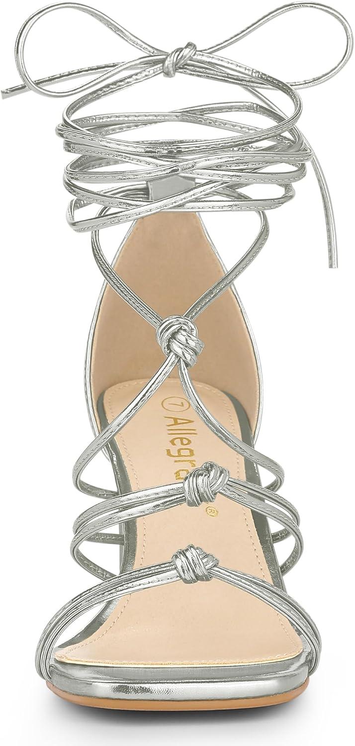 imageAllegra K Womens Lace Up Strappy Chunky High Heels SandalsSilver