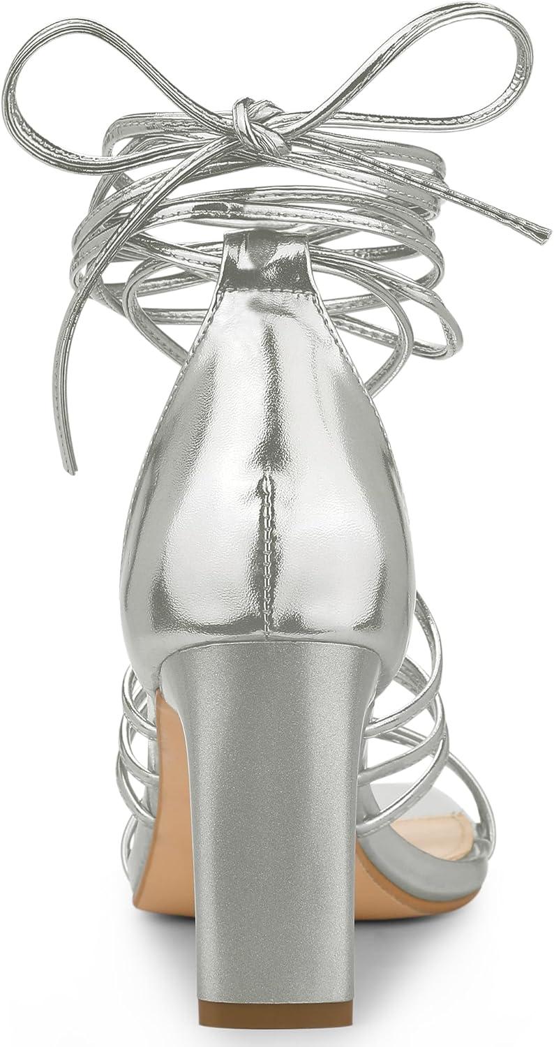 imageAllegra K Womens Lace Up Strappy Chunky High Heels SandalsSilver