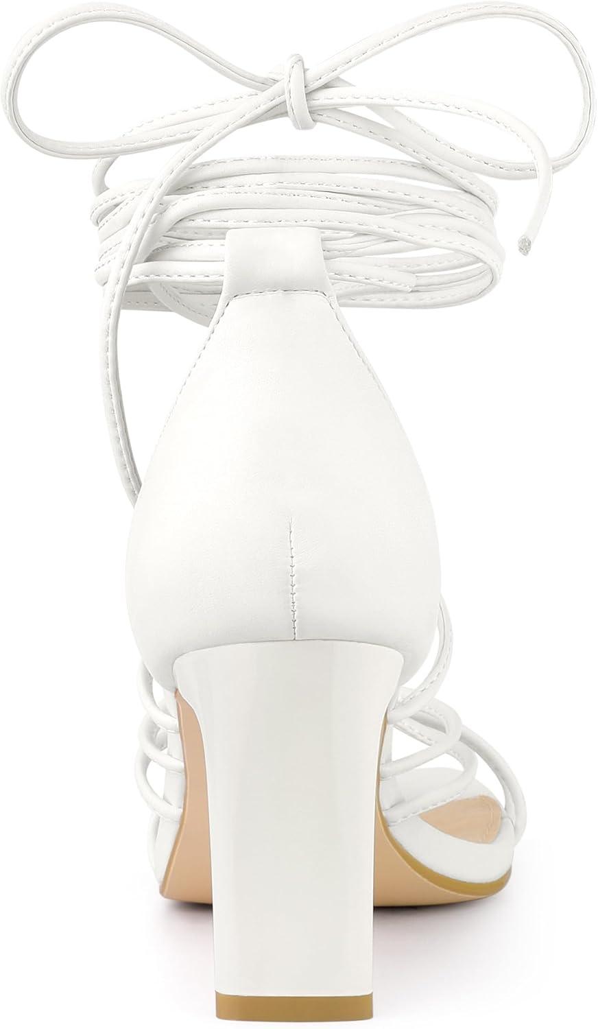 imageAllegra K Womens Lace Up Strappy Chunky High Heels SandalsWhite