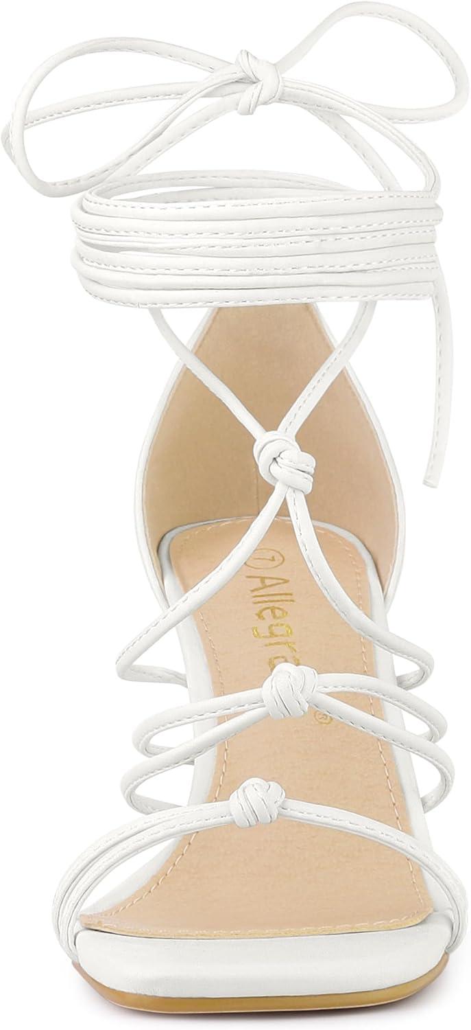 imageAllegra K Womens Lace Up Strappy Chunky High Heels SandalsWhite