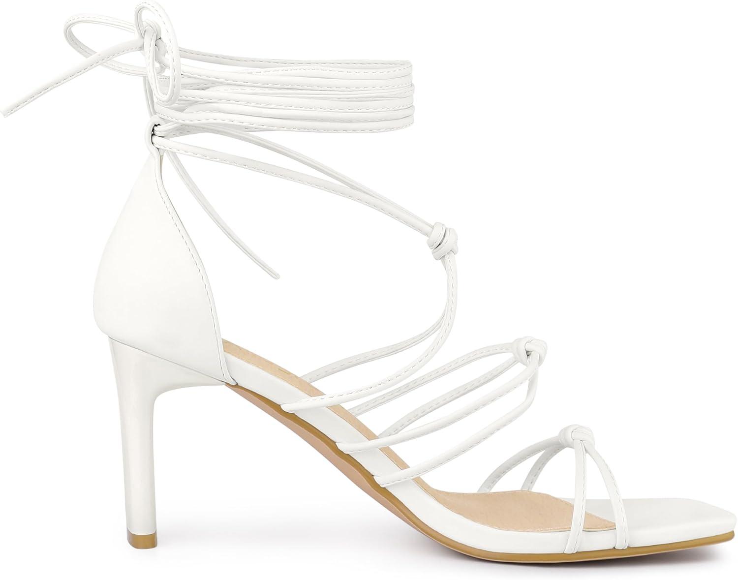 imageAllegra K Womens Lace Up Strappy Chunky High Heels SandalsWhite