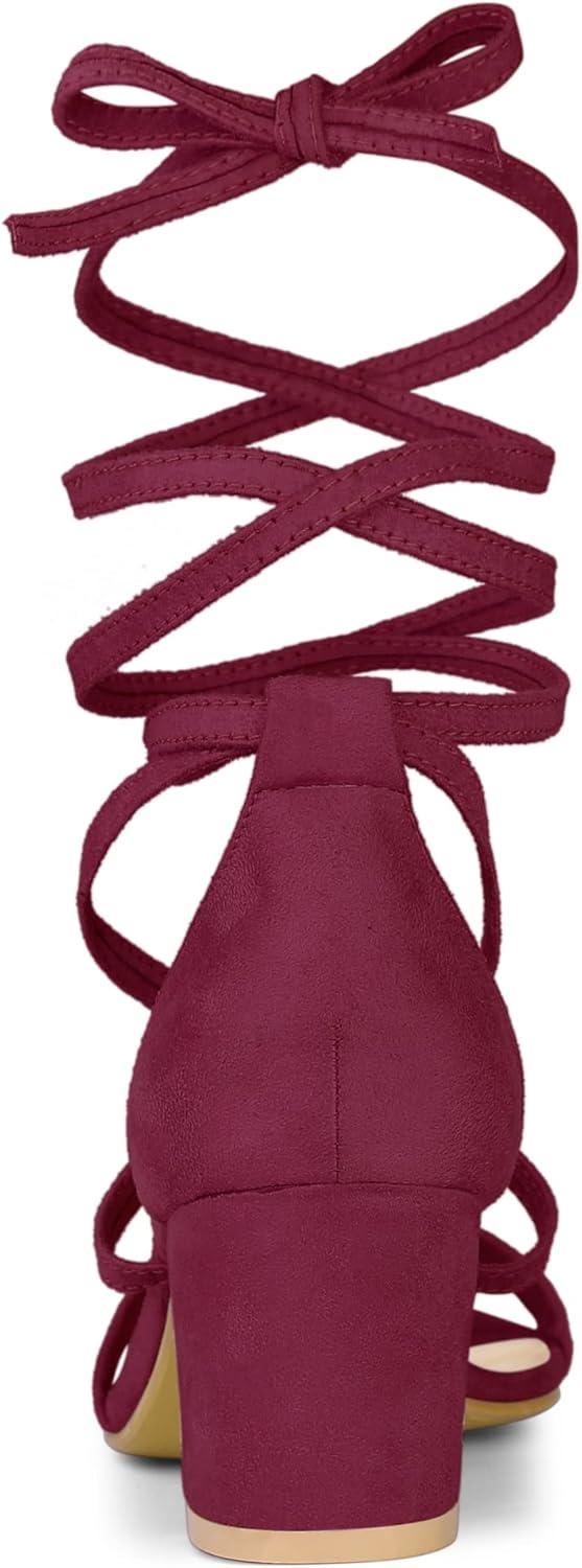 imageAllegra K Womens Open Toe Lace Up Mid Chunky Heeled SandalsBurgundy