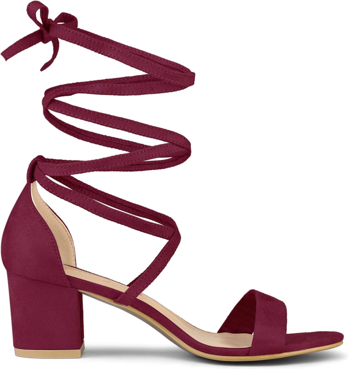 imageAllegra K Womens Open Toe Lace Up Mid Chunky Heeled SandalsBurgundy