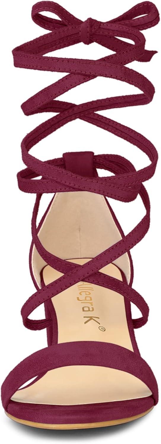 imageAllegra K Womens Open Toe Lace Up Mid Chunky Heeled SandalsBurgundy