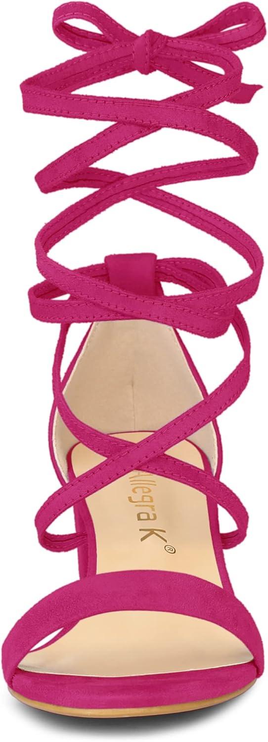 imageAllegra K Womens Open Toe Lace Up Mid Chunky Heeled SandalsHot Pink