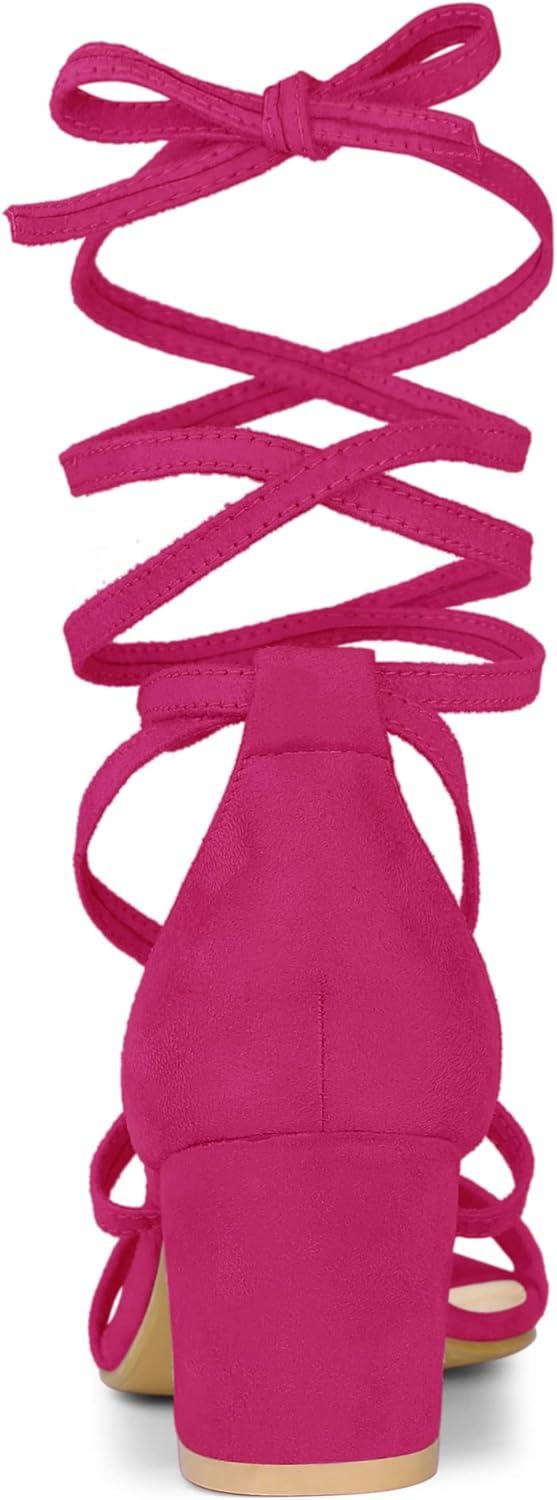 imageAllegra K Womens Open Toe Lace Up Mid Chunky Heeled SandalsHot Pink
