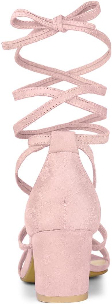 imageAllegra K Womens Open Toe Lace Up Mid Chunky Heeled SandalsLight Pink