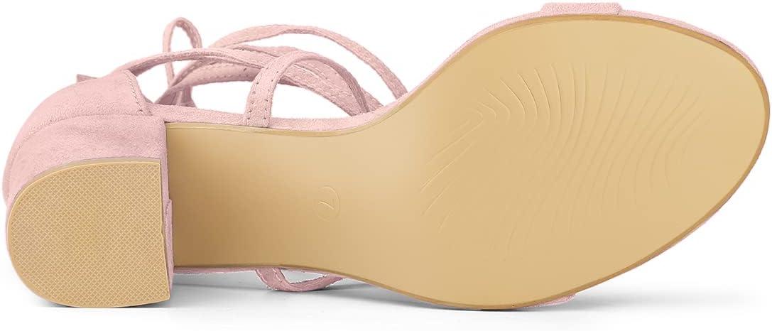 imageAllegra K Womens Open Toe Lace Up Mid Chunky Heeled SandalsLight Pink