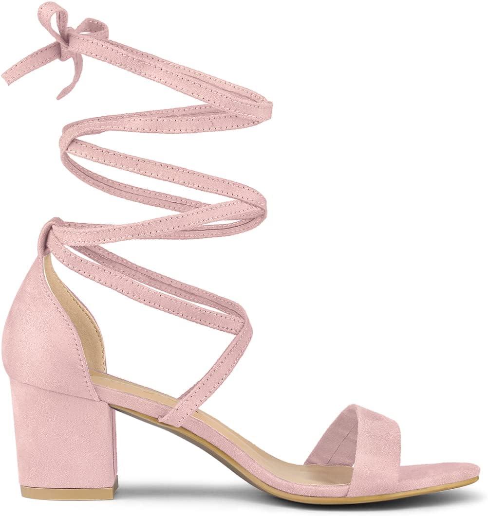 imageAllegra K Womens Open Toe Lace Up Mid Chunky Heeled SandalsLight Pink