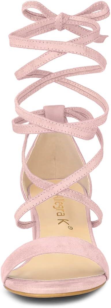 imageAllegra K Womens Open Toe Lace Up Mid Chunky Heeled SandalsLight Pink