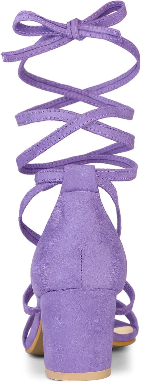 imageAllegra K Womens Open Toe Lace Up Mid Chunky Heeled SandalsPurple