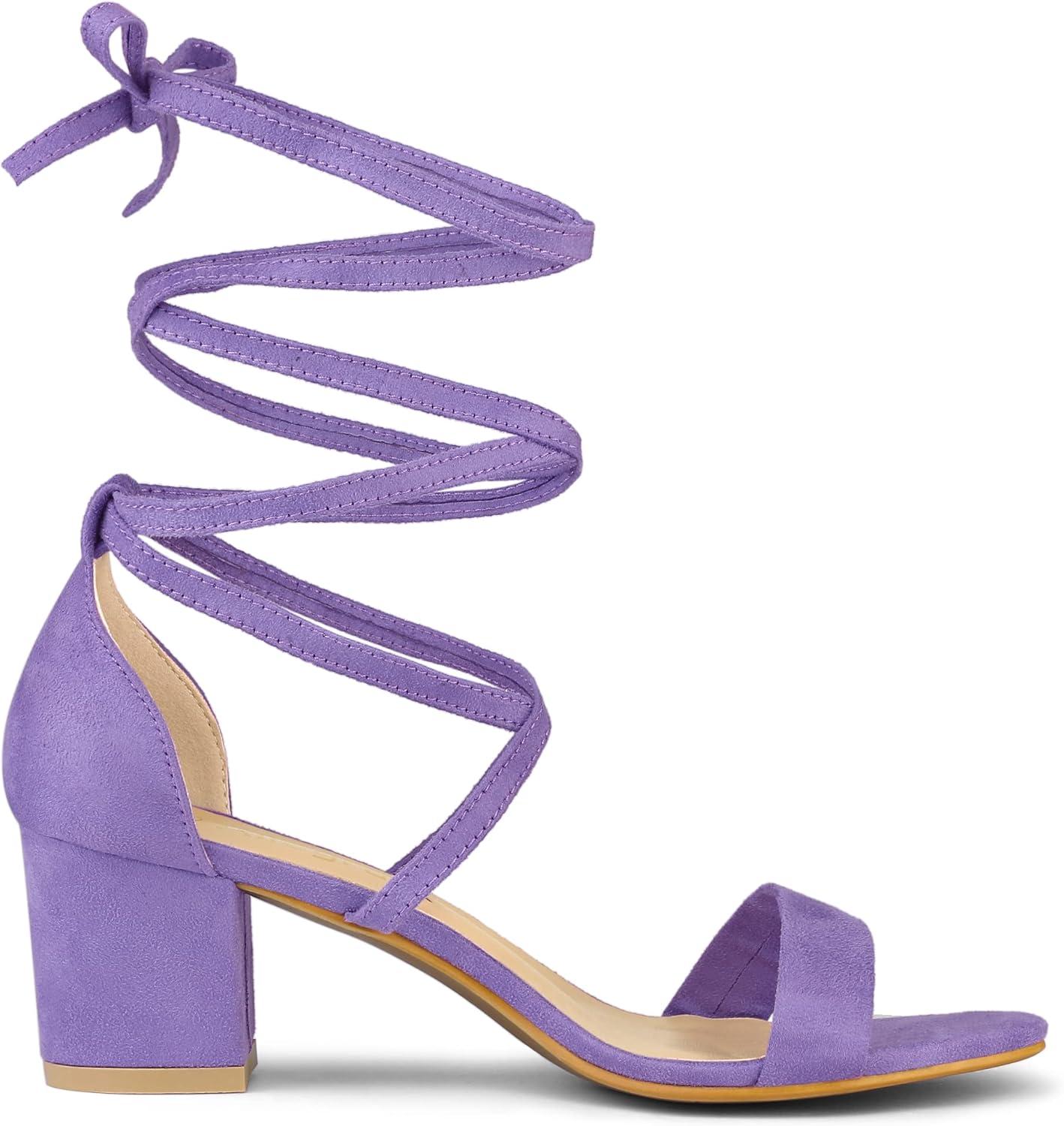imageAllegra K Womens Open Toe Lace Up Mid Chunky Heeled SandalsPurple