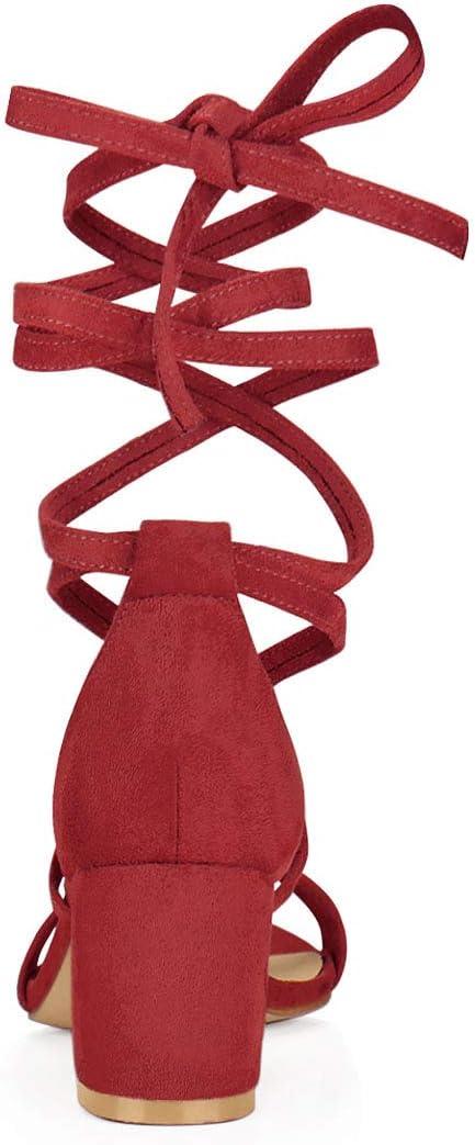 imageAllegra K Womens Open Toe Lace Up Mid Chunky Heeled SandalsRed