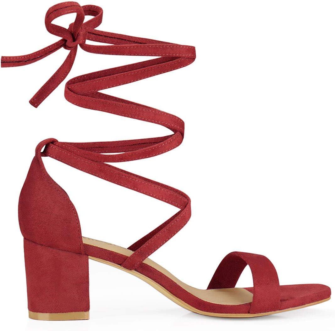 imageAllegra K Womens Open Toe Lace Up Mid Chunky Heeled SandalsRed