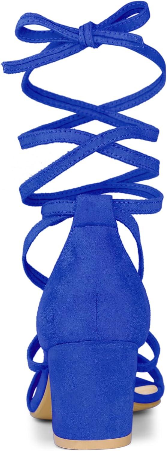 imageAllegra K Womens Open Toe Lace Up Mid Chunky Heeled SandalsRoyal Blue