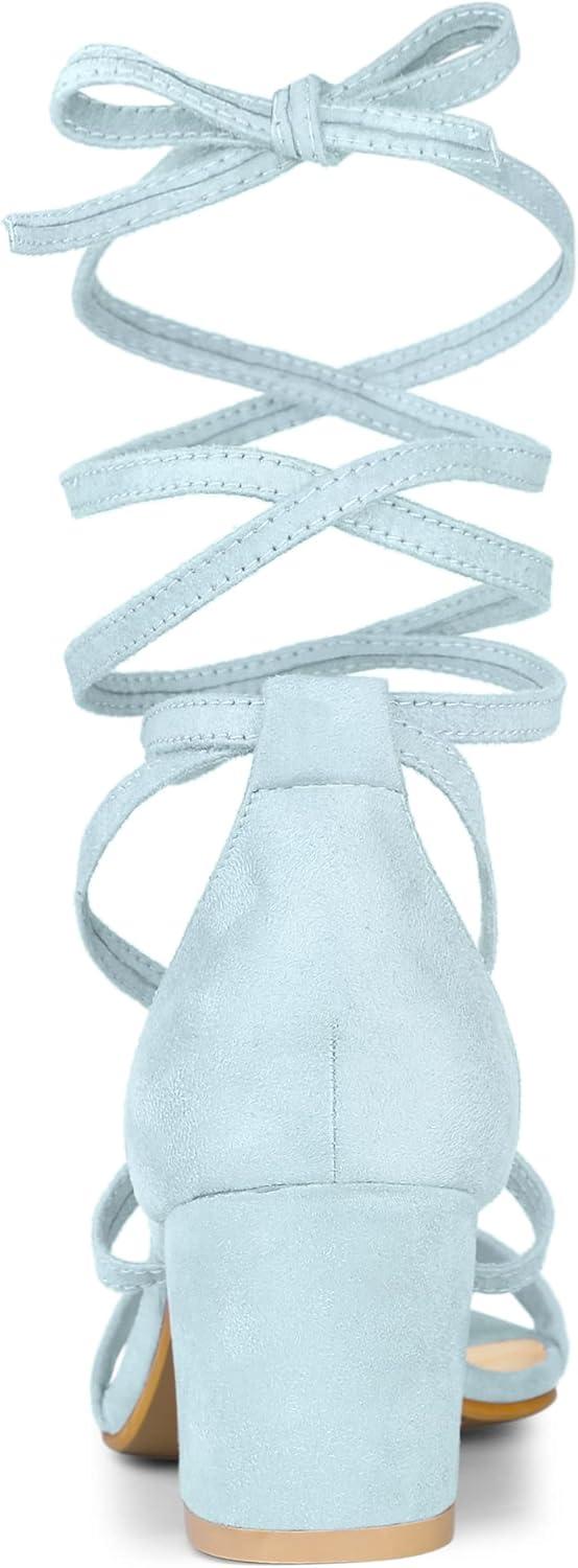 imageAllegra K Womens Open Toe Lace Up Mid Chunky Heeled SandalsSky Blue