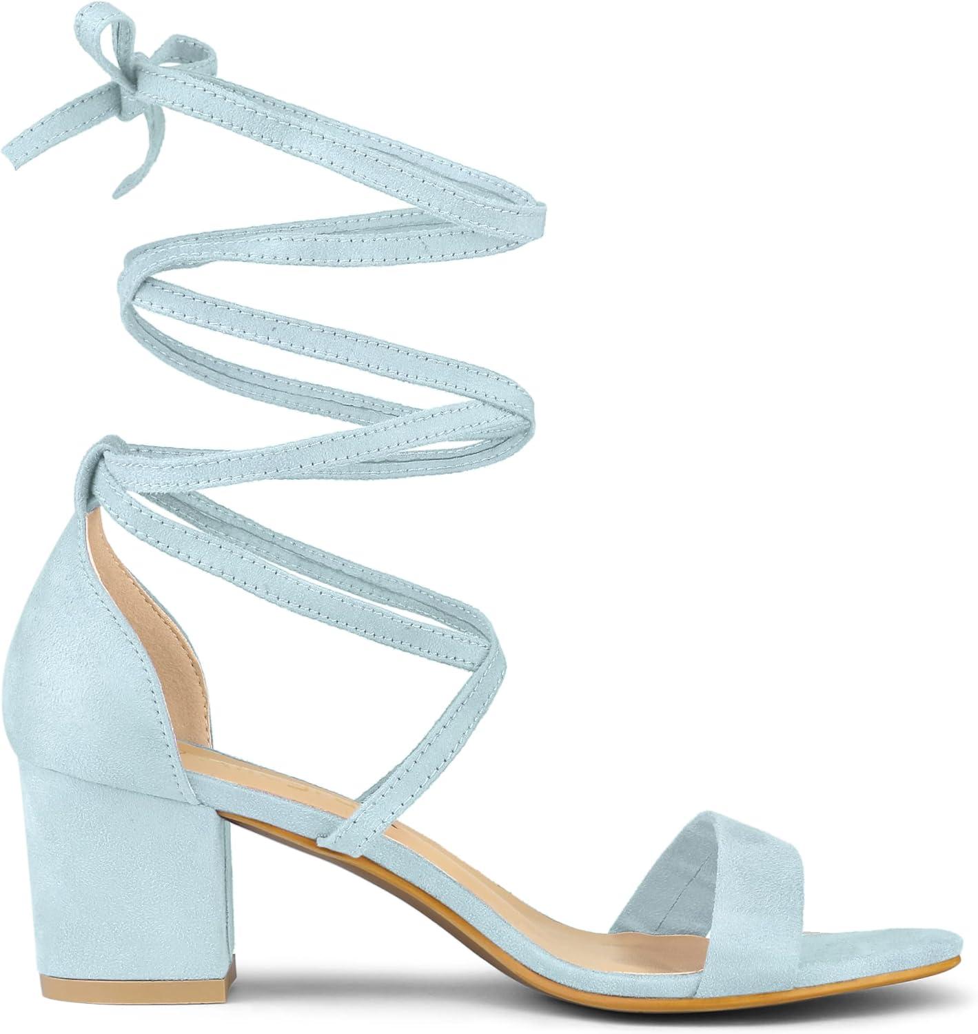 imageAllegra K Womens Open Toe Lace Up Mid Chunky Heeled SandalsSky Blue