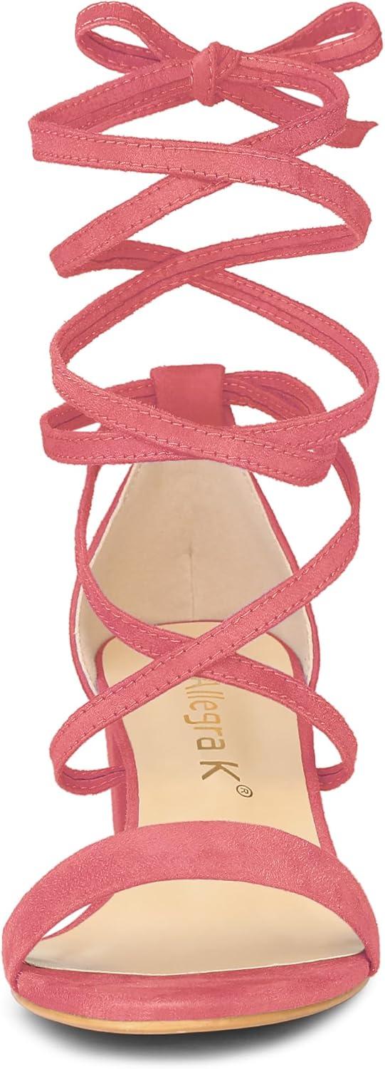 imageAllegra K Womens Open Toe Lace Up Mid Chunky Heeled SandalsWatermelon Red