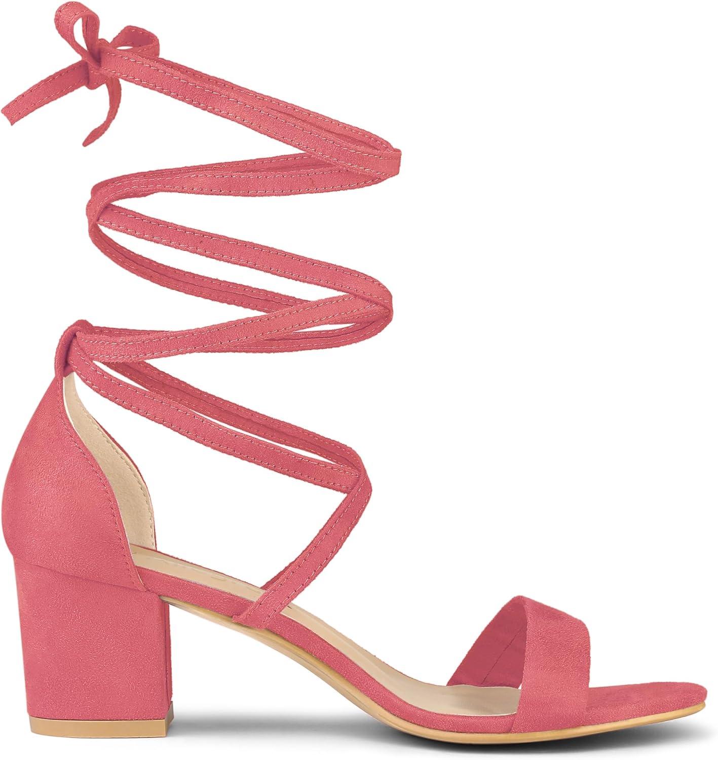 imageAllegra K Womens Open Toe Lace Up Mid Chunky Heeled SandalsWatermelon Red