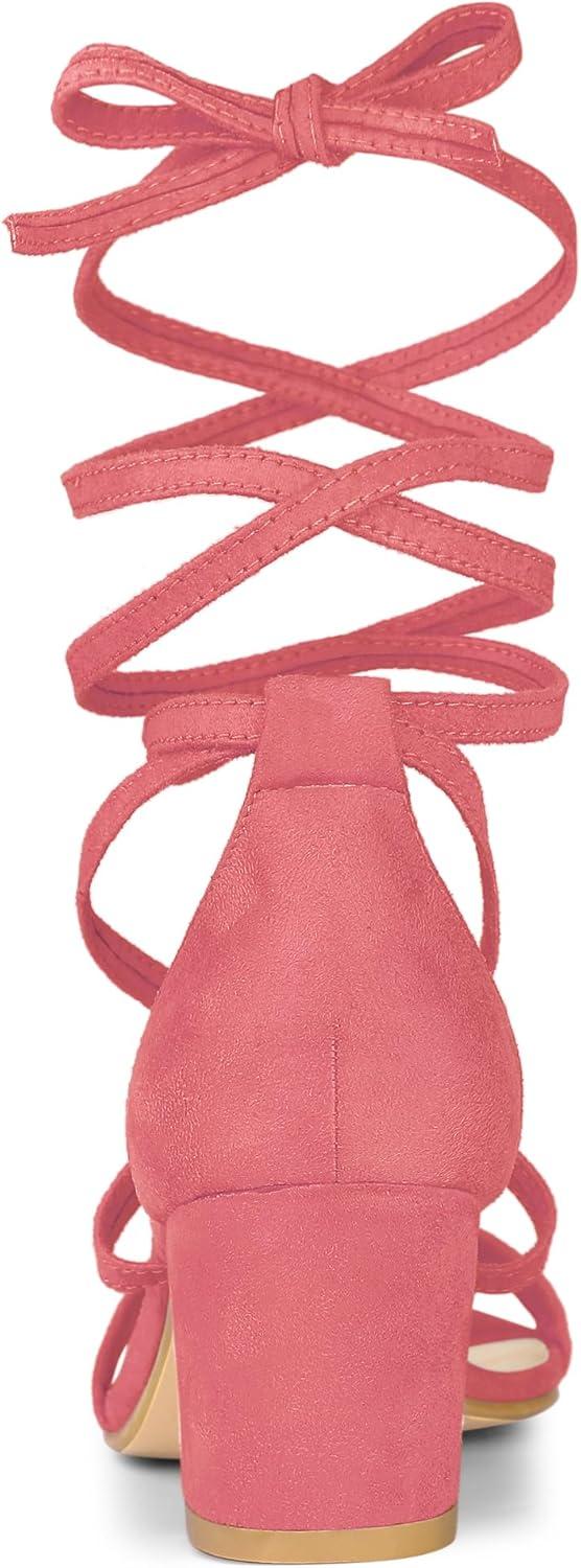 imageAllegra K Womens Open Toe Lace Up Mid Chunky Heeled SandalsWatermelon Red