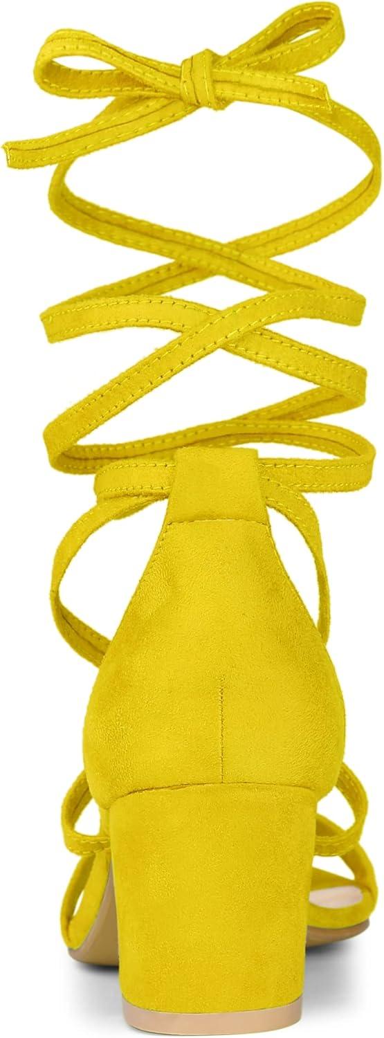 imageAllegra K Womens Open Toe Lace Up Mid Chunky Heeled SandalsYellow