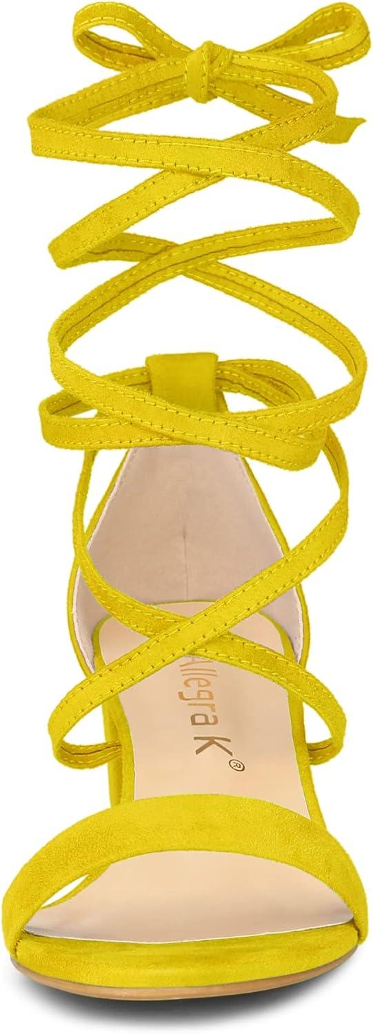 imageAllegra K Womens Open Toe Lace Up Mid Chunky Heeled SandalsYellow