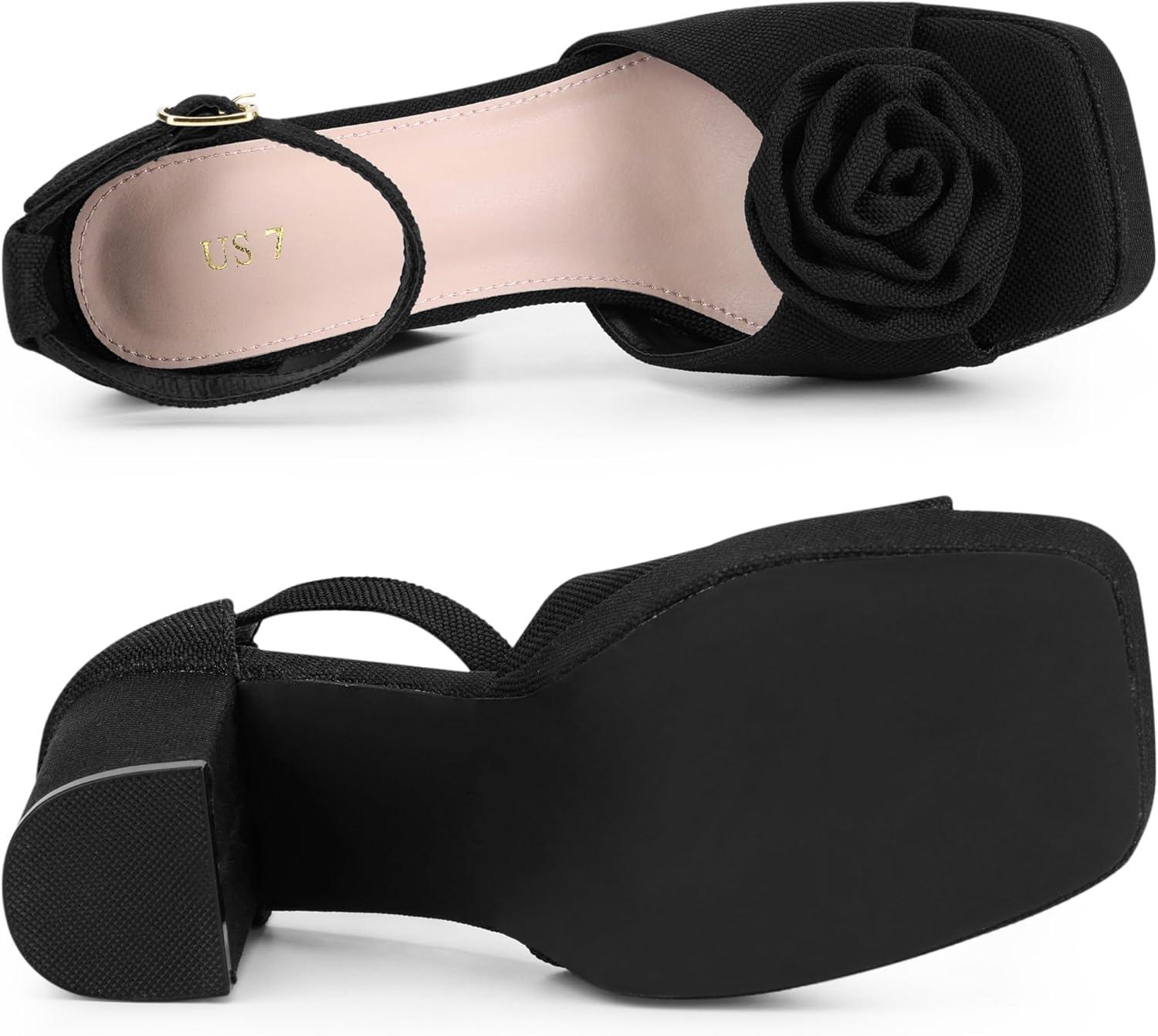 imageAllegra K Womens Platform Flower Heels Square Toe Chunky Heel SandalsBlack