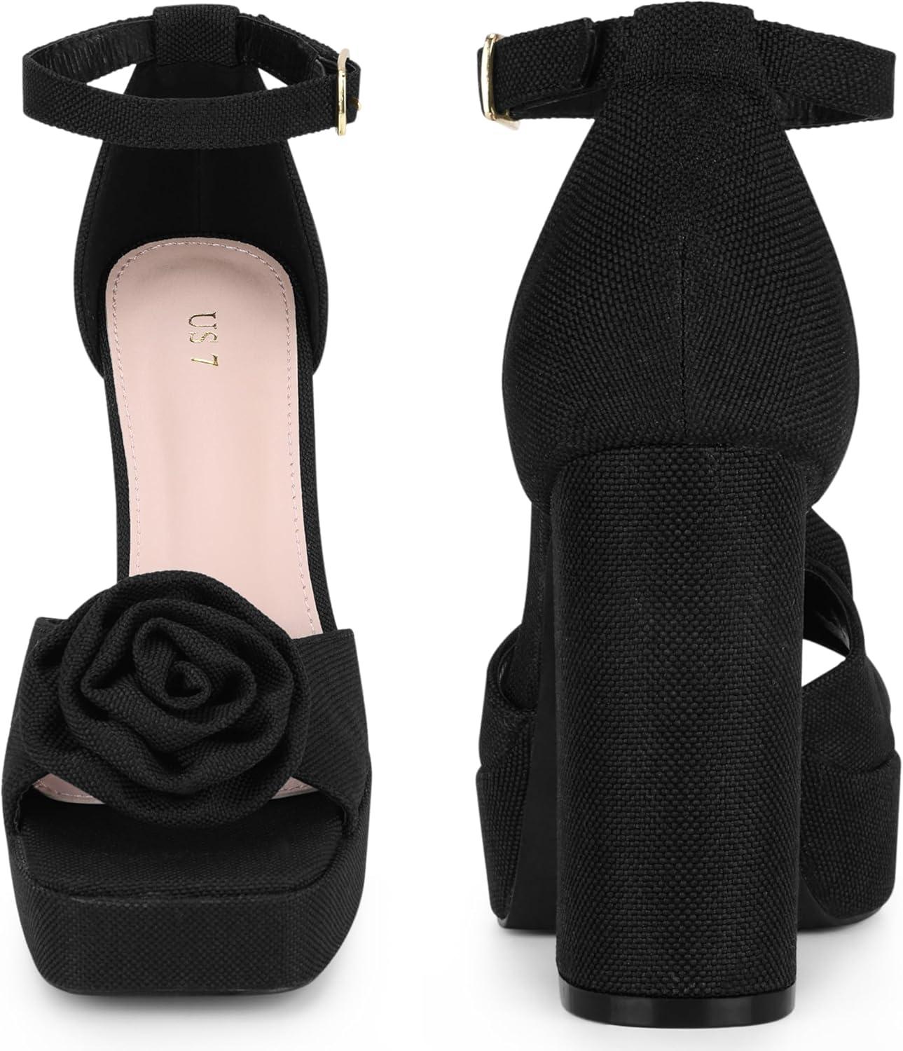 imageAllegra K Womens Platform Flower Heels Square Toe Chunky Heel SandalsBlack