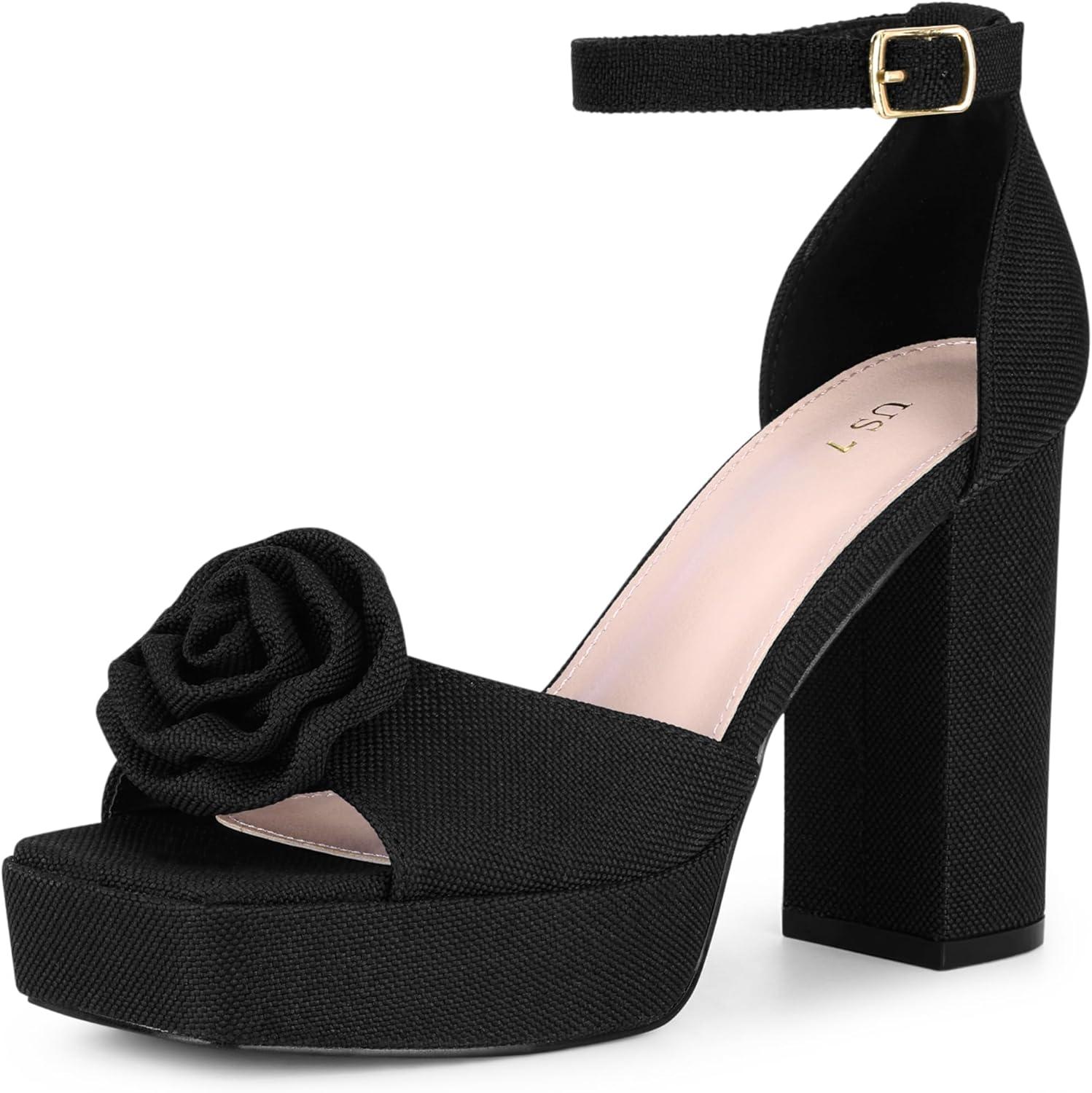 imageAllegra K Womens Platform Flower Heels Square Toe Chunky Heel SandalsBlack