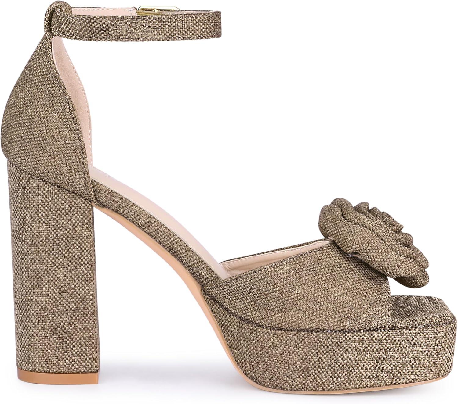 imageAllegra K Womens Platform Flower Heels Square Toe Chunky Heel SandalsKhaki