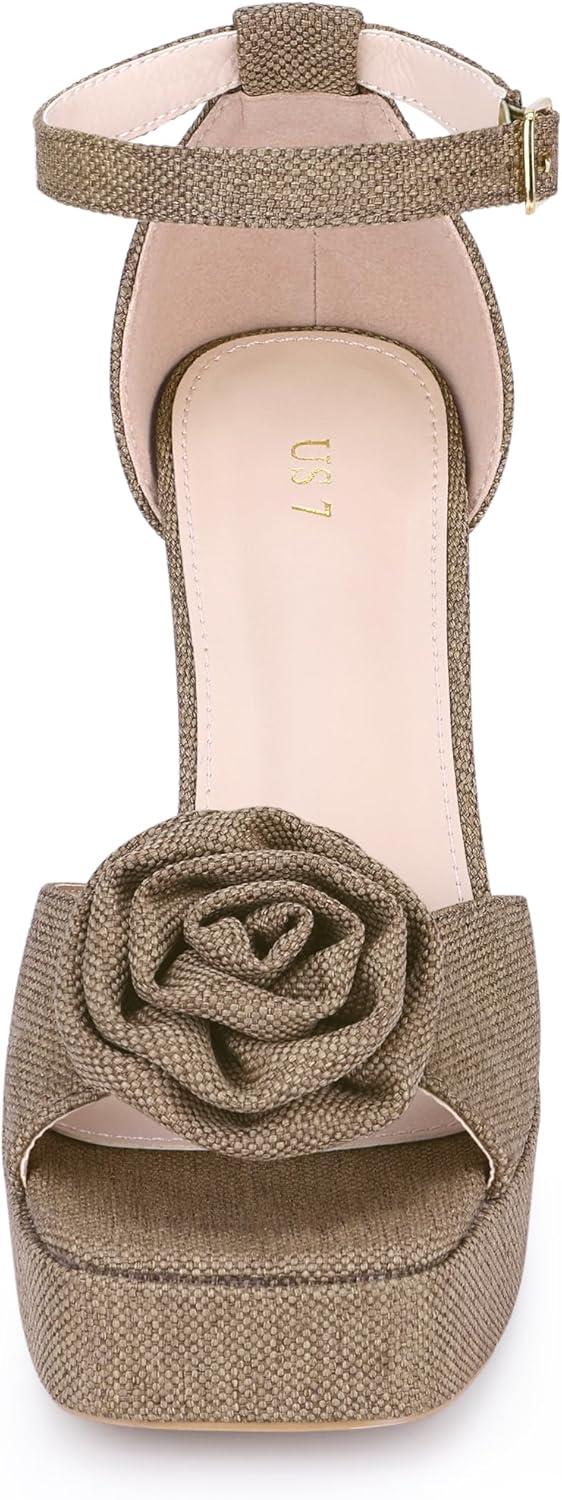 imageAllegra K Womens Platform Flower Heels Square Toe Chunky Heel SandalsKhaki