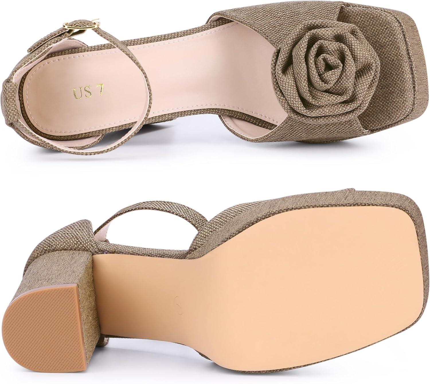 imageAllegra K Womens Platform Flower Heels Square Toe Chunky Heel SandalsKhaki