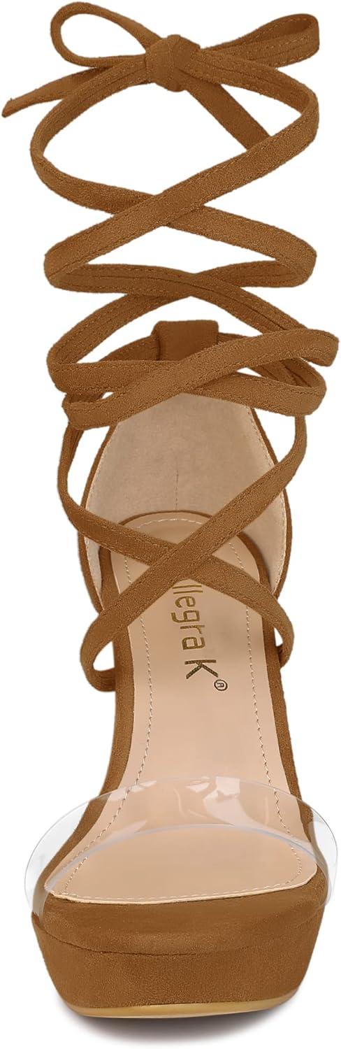 imageAllegra K Womens Platform Lace Up Clear Chunky Heels SandalsBrown