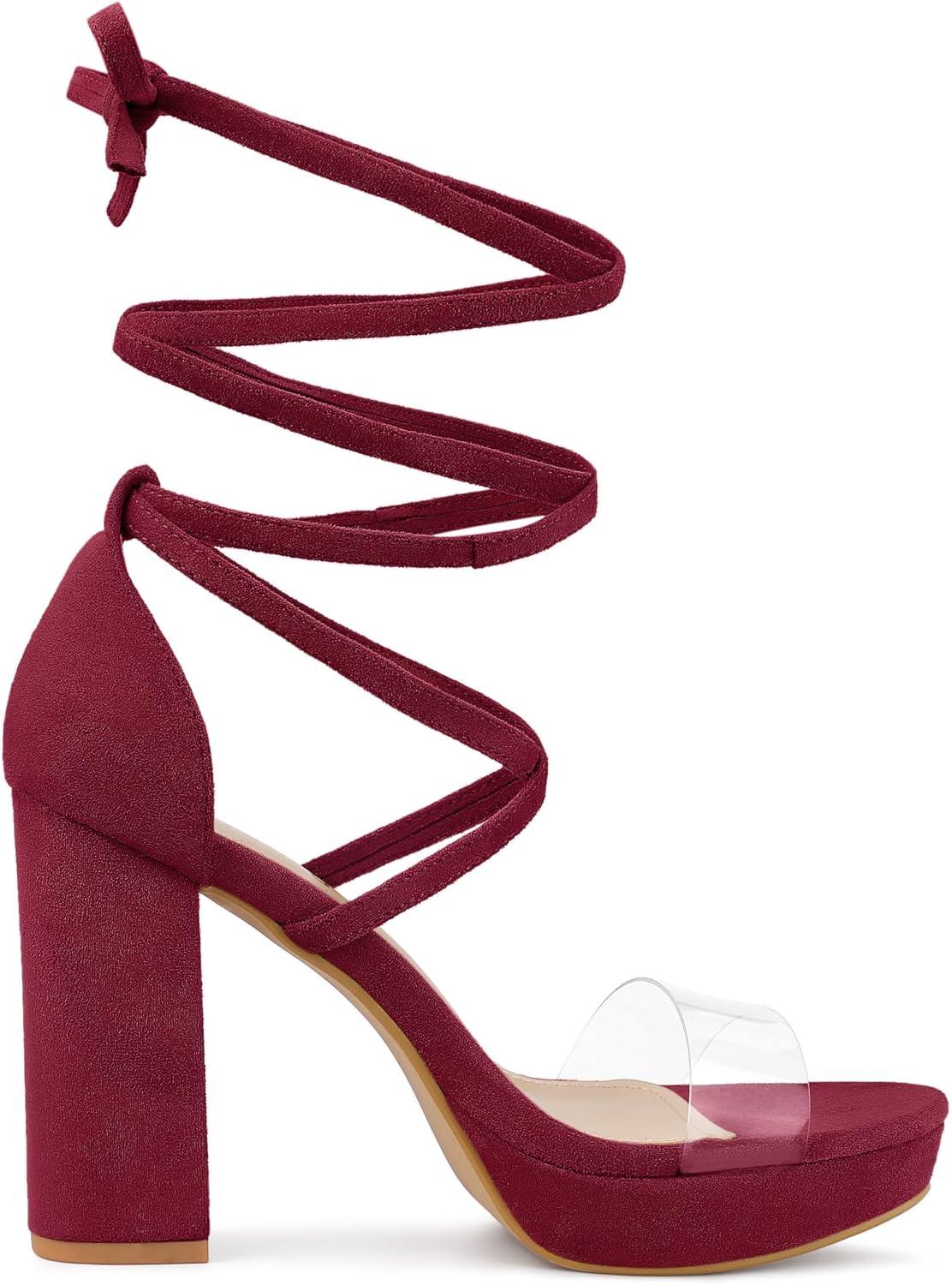 imageAllegra K Womens Platform Lace Up Clear Chunky Heels SandalsBurgundy