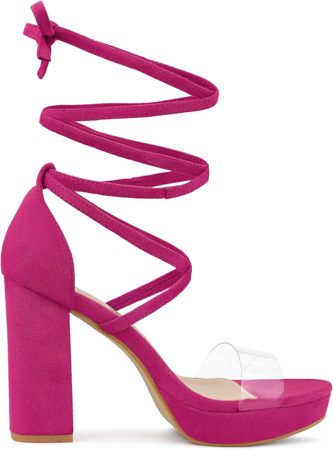 imageAllegra K Womens Platform Lace Up Clear Chunky Heels SandalsHot Pink