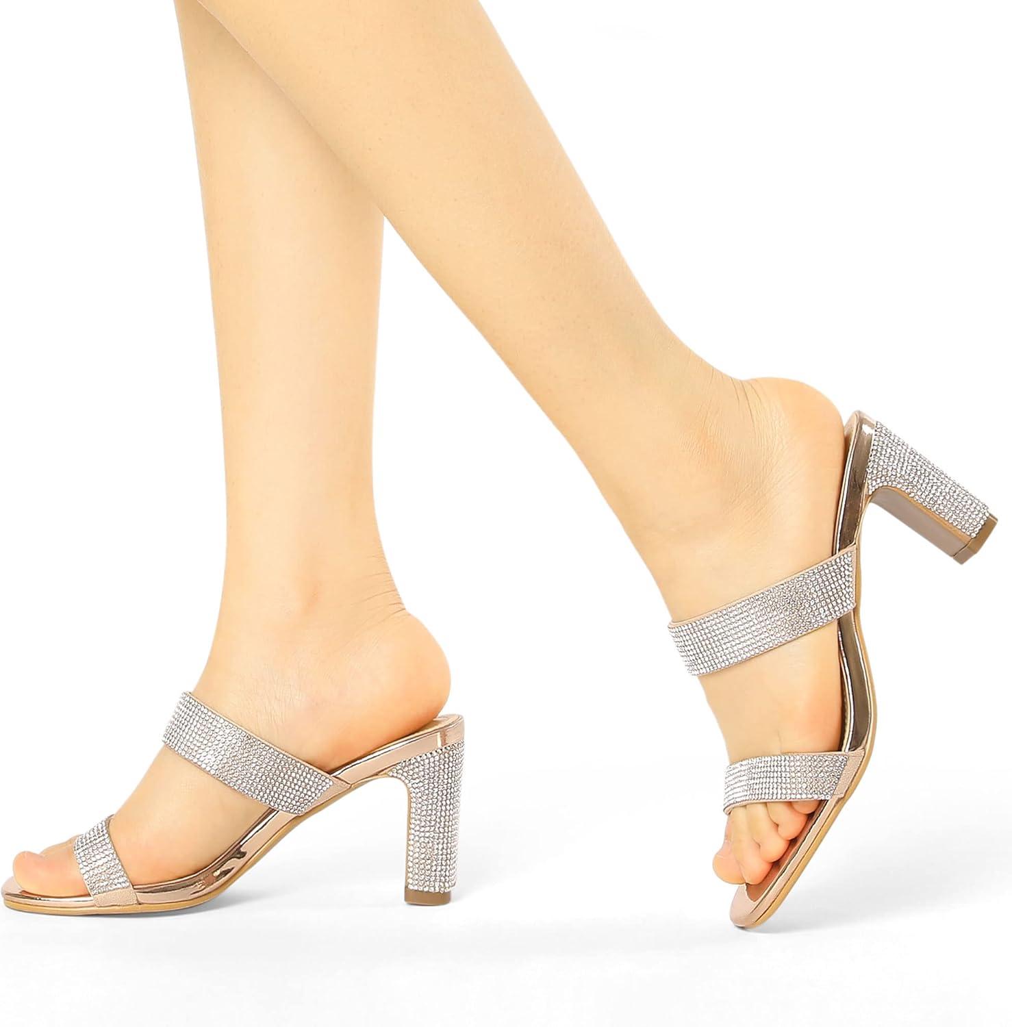 imageAllegra K Womens Rhinestone Chunky Heel Slide Heel SandalsRose Gold