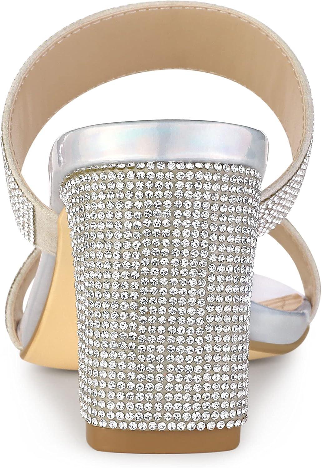 imageAllegra K Womens Rhinestone Chunky Heel Slide Heel SandalsSilver