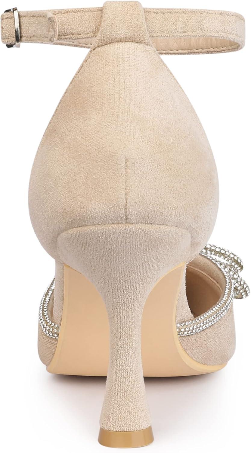 imageAllegra K Womens Rhinestones Bow Ankle Strap Stiletto Heel Sandals PumpsBeige
