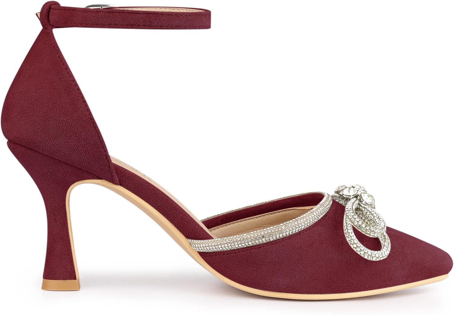 imageAllegra K Womens Rhinestones Bow Ankle Strap Stiletto Heel Sandals PumpsBurgundy