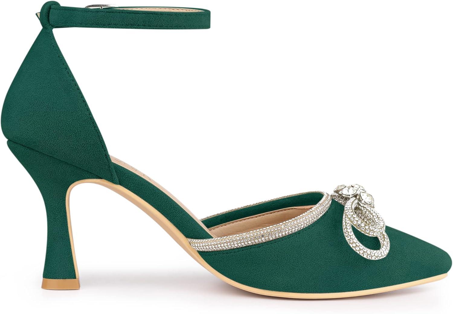 imageAllegra K Womens Rhinestones Bow Ankle Strap Stiletto Heel Sandals PumpsGreen