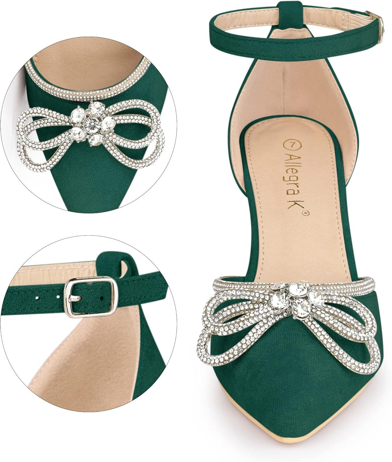 imageAllegra K Womens Rhinestones Bow Ankle Strap Stiletto Heel Sandals PumpsGreen