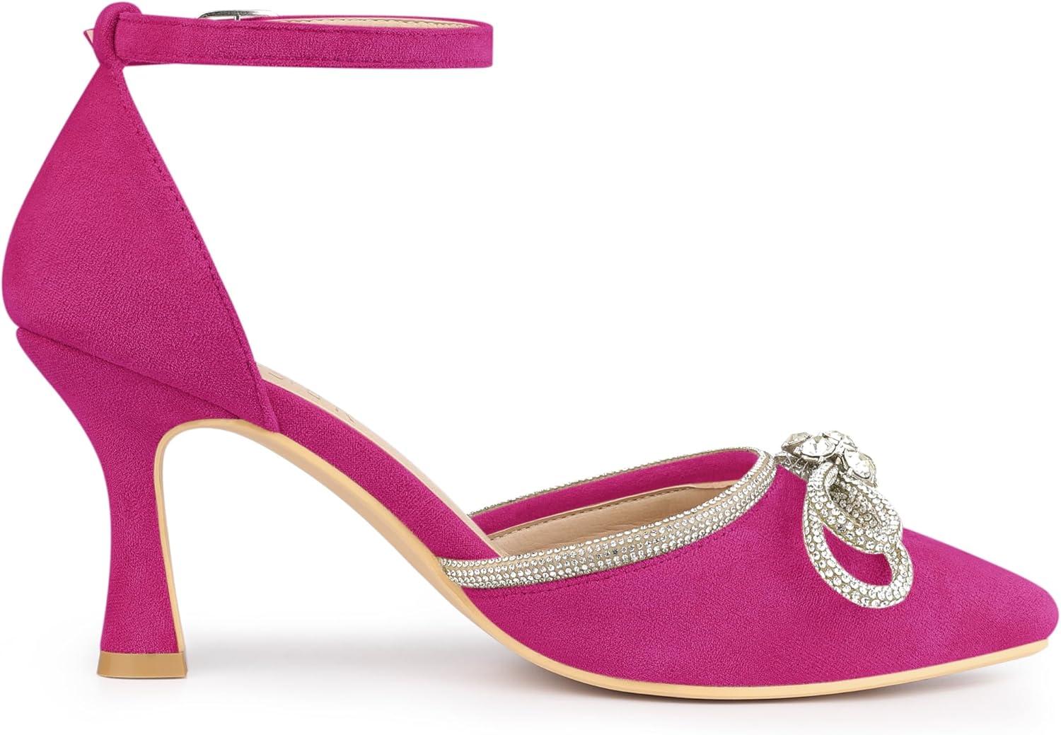 imageAllegra K Womens Rhinestones Bow Ankle Strap Stiletto Heel Sandals PumpsHot Pink