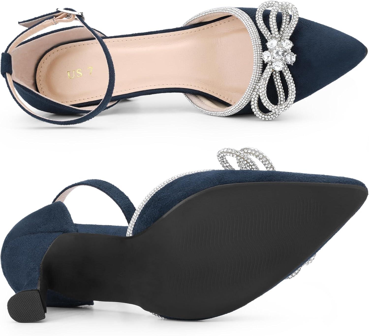 imageAllegra K Womens Rhinestones Bow Ankle Strap Stiletto Heel Sandals PumpsNavy Blue