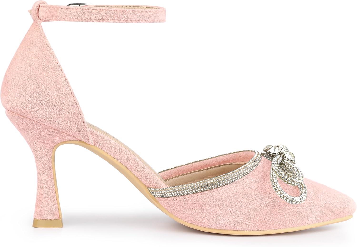 imageAllegra K Womens Rhinestones Bow Ankle Strap Stiletto Heel Sandals PumpsPink