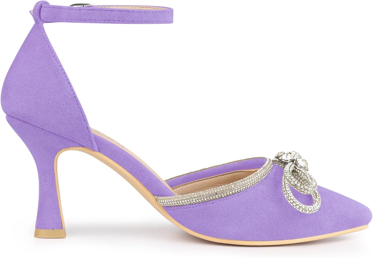 imageAllegra K Womens Rhinestones Bow Ankle Strap Stiletto Heel Sandals PumpsPurple